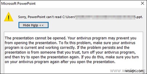 FIX:PowerPoint에서 프레젠테이션을 열 수 없습니다(해결됨).