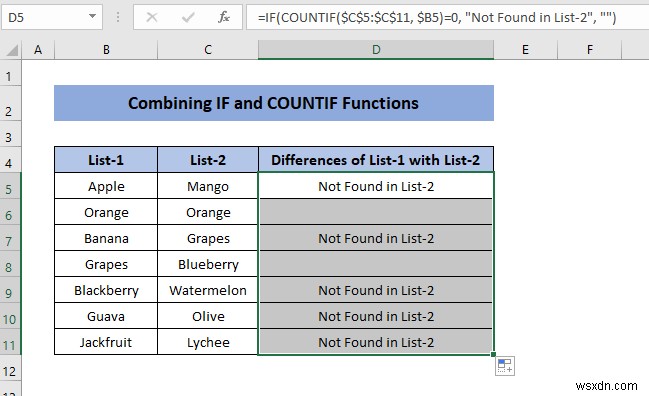 Excel에서 차이점을 찾기 위해 두 열을 비교하는 방법