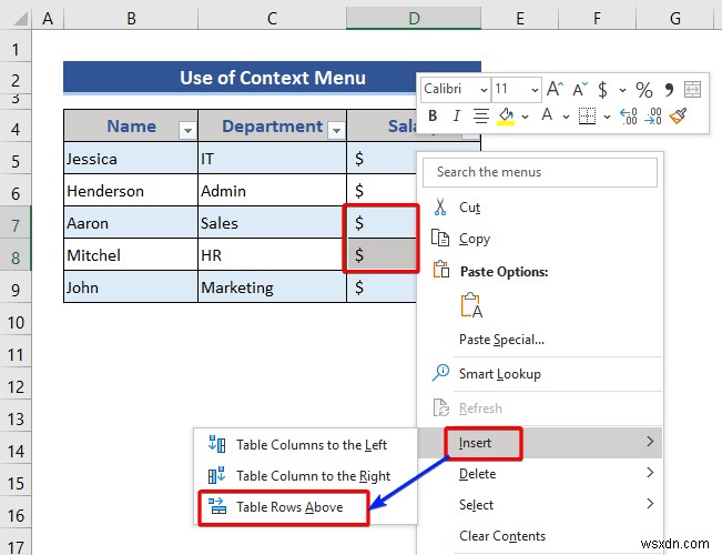 Excel 표에서 행과 열을 삽입하거나 삭제하는 방법