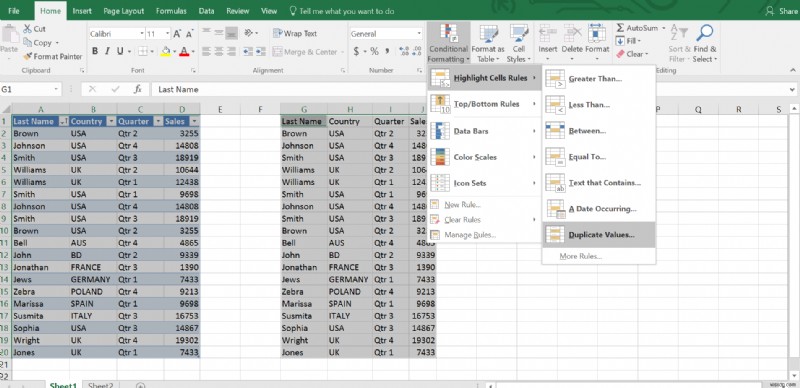Excel 표에서 중복 행을 제거하는 방법