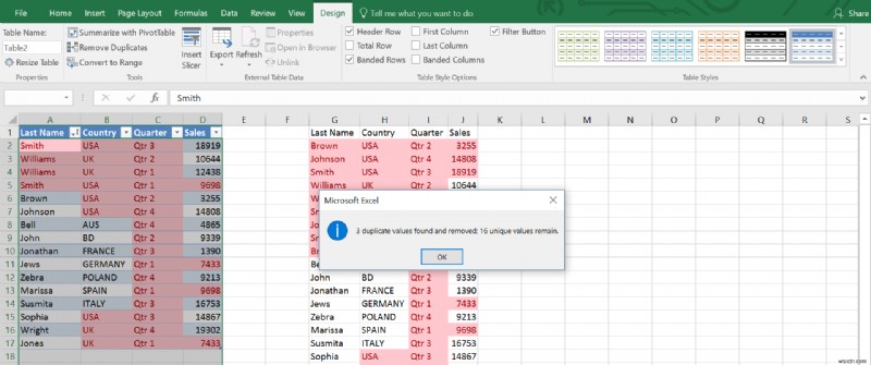 Excel 표에서 중복 행을 제거하는 방법