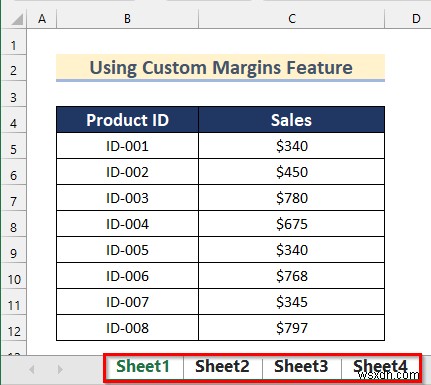 Excel에서 선택한 워크시트를 가운데에 맞추는 명령 수행