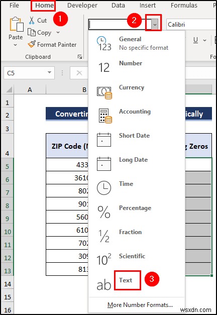 Excel에서 숫자를 0으로 시작하는 텍스트로 변환하는 방법