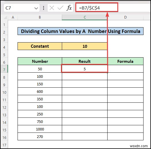 여러 셀에 대한 Excel의 나눗셈 공식(5 적절한 예)