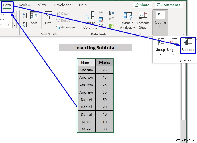 Excel에서 부분합을 삽입하는 방법