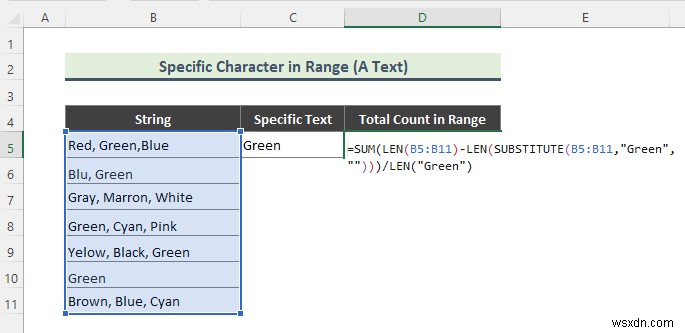 Excel Count 문자열의 문자 발생 횟수