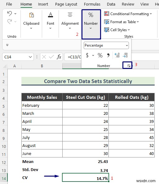 두 데이터 세트 Excel의 통계 비교