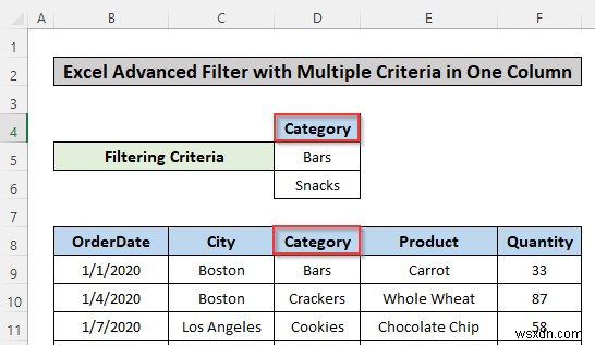 Excel의 한 열에 여러 기준을 기반으로 고급 필터 적용