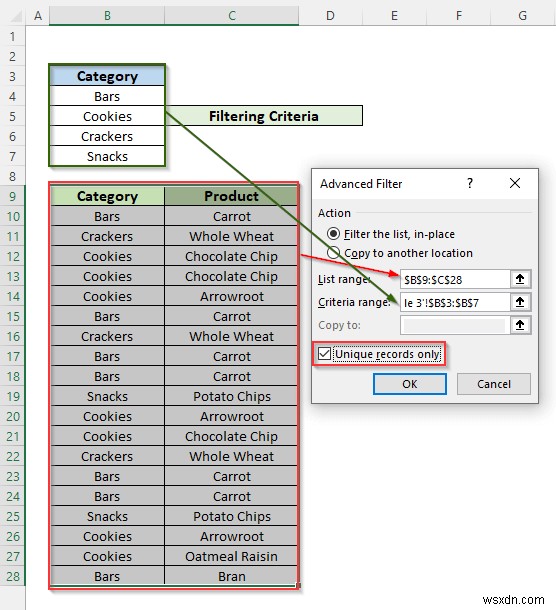 Excel의 한 열에 여러 기준을 기반으로 고급 필터 적용