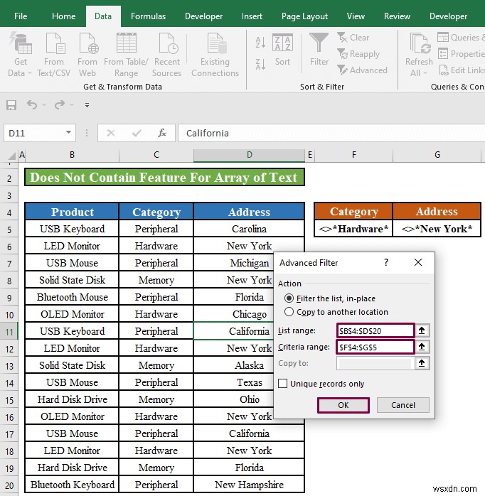 Excel 고급 필터: 포함하지 않음  적용(2가지 방법)