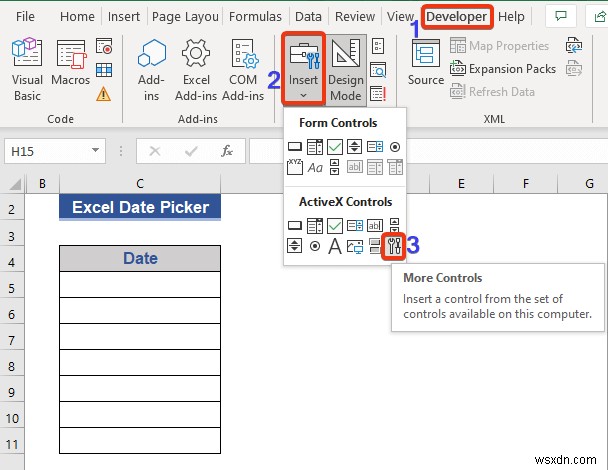 전체 열에 대한 Excel 날짜 선택기