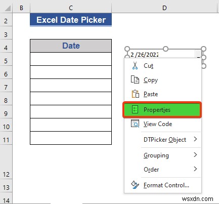 전체 열에 대한 Excel 날짜 선택기