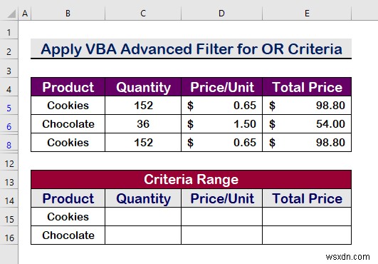 Excel VBA:범위 내에서 여러 기준이 있는 고급 필터(5가지 방법)