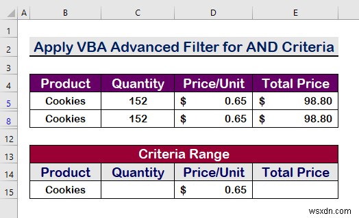 Excel VBA:범위 내에서 여러 기준이 있는 고급 필터(5가지 방법)