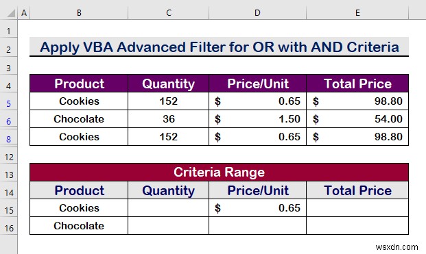Excel VBA:범위 내에서 여러 기준이 있는 고급 필터(5가지 방법)