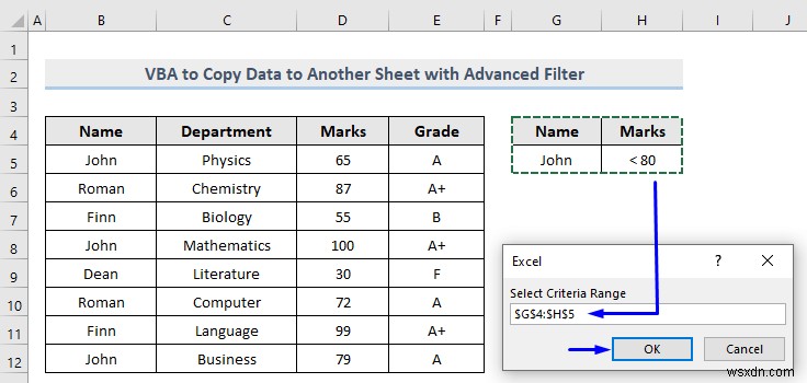 Excel의 고급 필터를 사용하여 데이터를 다른 시트에 복사하는 VBA