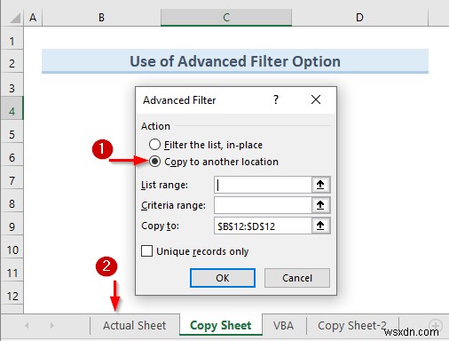 고급 필터를 사용하여 Excel의 다른 시트에 데이터를 복사하는 방법