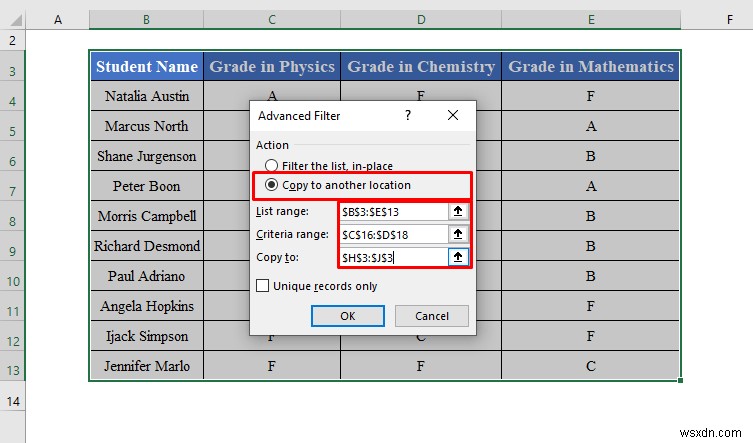 고급 필터를 적용하여 Excel의 다른 위치로 복사하는 방법