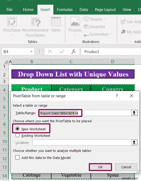 Excel에서 고유한 값으로 드롭다운 목록을 만드는 방법(4가지 방법)