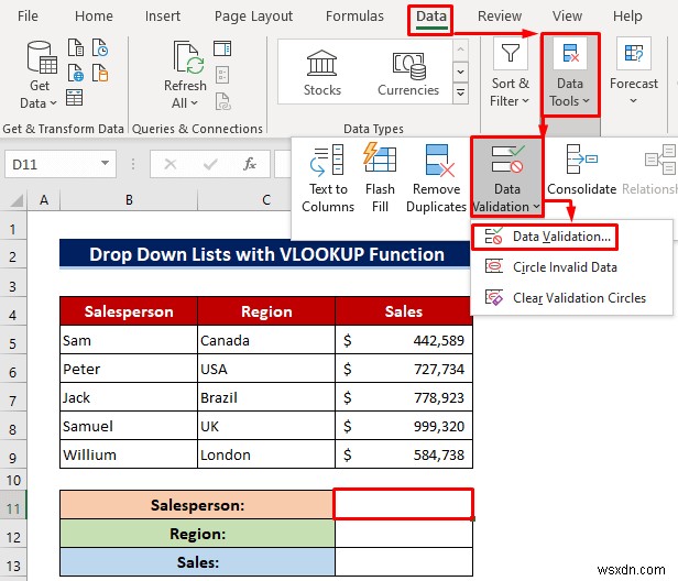 Excel 데이터 유효성 검사에서 사용자 정의 VLOOKUP 수식을 사용하는 방법