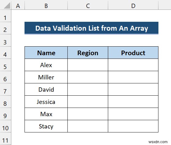 배열에서 데이터 유효성 검사 목록을 만드는 Excel VBA