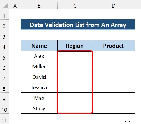 배열에서 데이터 유효성 검사 목록을 만드는 Excel VBA