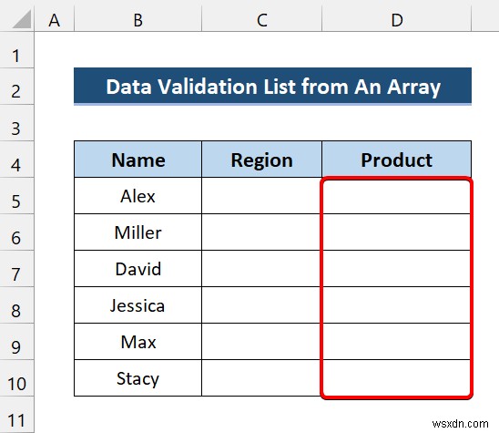 배열에서 데이터 유효성 검사 목록을 만드는 Excel VBA