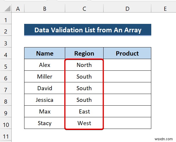 배열에서 데이터 유효성 검사 목록을 만드는 Excel VBA
