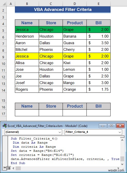 고급 필터 기준이 포함된 Excel VBA 예제(6개 사례)