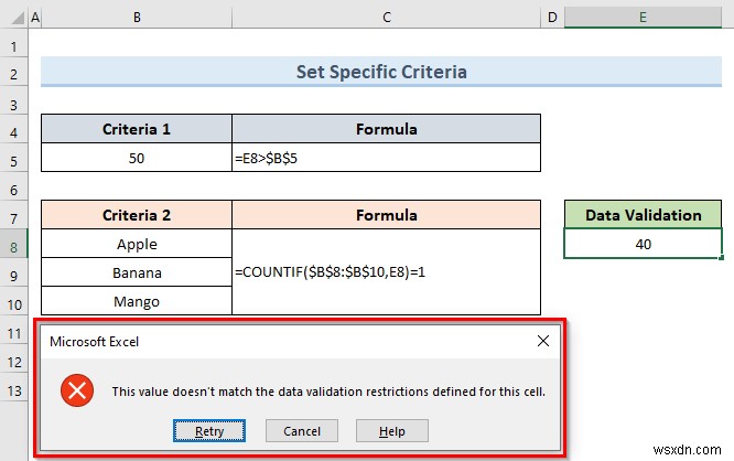 Excel의 한 셀에 여러 데이터 유효성 검사를 적용하는 방법(예제 3개)