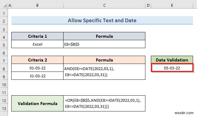 Excel의 한 셀에 여러 데이터 유효성 검사를 적용하는 방법(예제 3개)