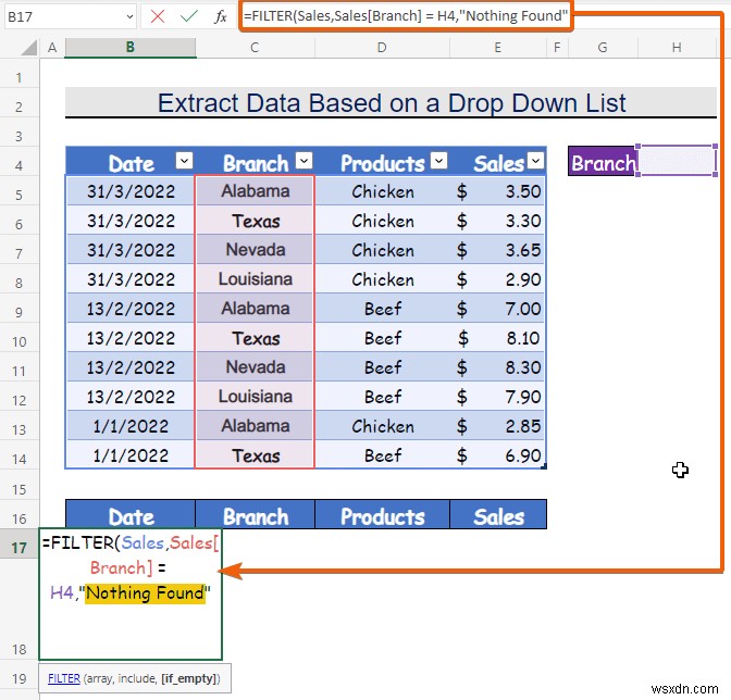 Excel에서 선택한 드롭다운 목록을 기반으로 데이터를 추출하는 방법