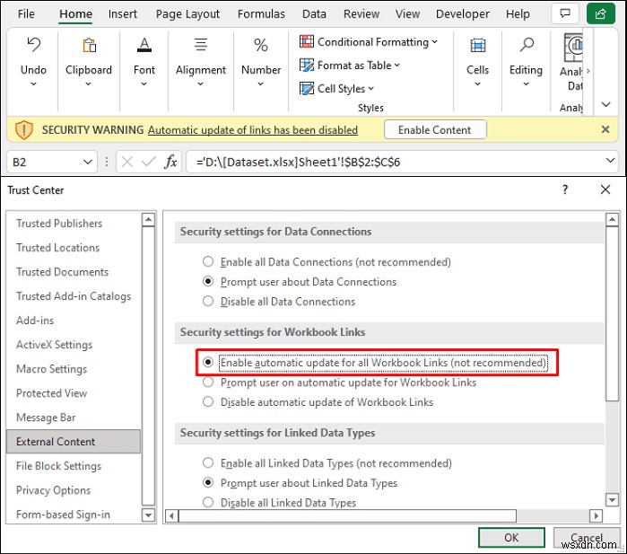 [Fix]:링크의 Excel 자동 업데이트가 비활성화되었습니다.