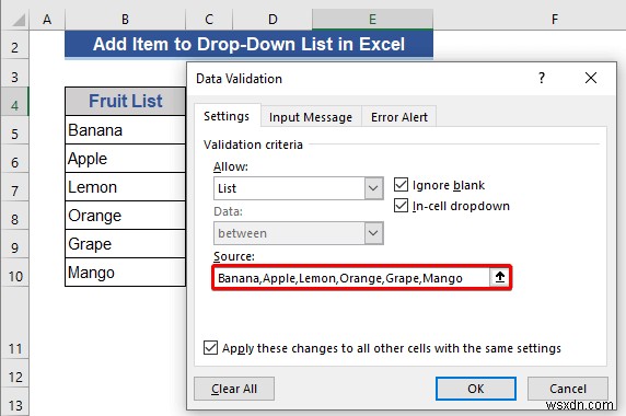 Excel의 드롭다운 목록에 항목을 추가하는 방법(5가지 방법)