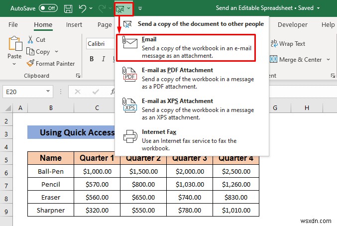 편집 가능한 Excel 스프레드시트를 이메일로 보내는 방법(3가지 빠른 방법)