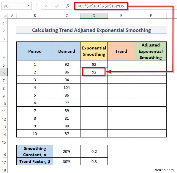 Excel에서 추세 조정 지수 평활을 계산하는 방법