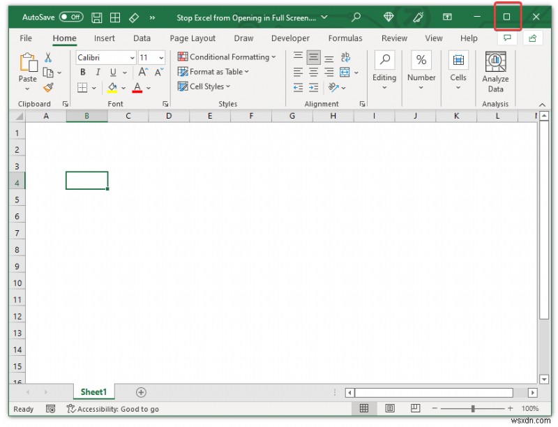 Excel이 전체 ​​화면에서 열리지 않도록 하는 방법(4가지 방법)