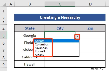 Excel에서 주 도시 및 우편 번호의 계층 구조를 만드는 방법