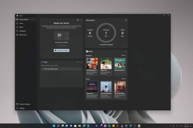 개발자 채널용 Windows 11 빌드 22000.160 업데이트 새로운 포커스 세션을 포함하는 시계 앱