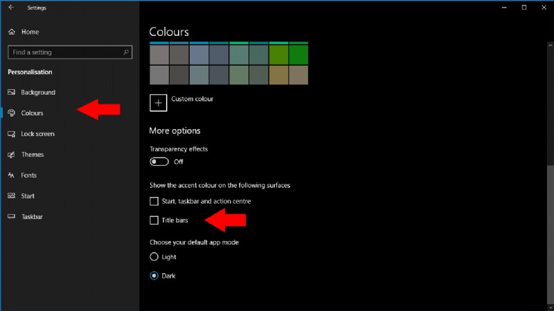 강조 색상을 변경하지 않고 Windows 10에서 어두운 테마 제목 표시줄을 얻는 방법