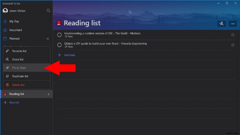 Windows 10 시작 메뉴에서 Microsoft 할 일 목록을 보는 방법