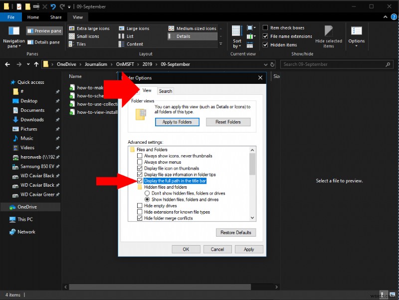 Windows 10s 파일 탐색기가 제목 표시줄에 전체 디렉토리 경로를 표시하도록 하는 방법