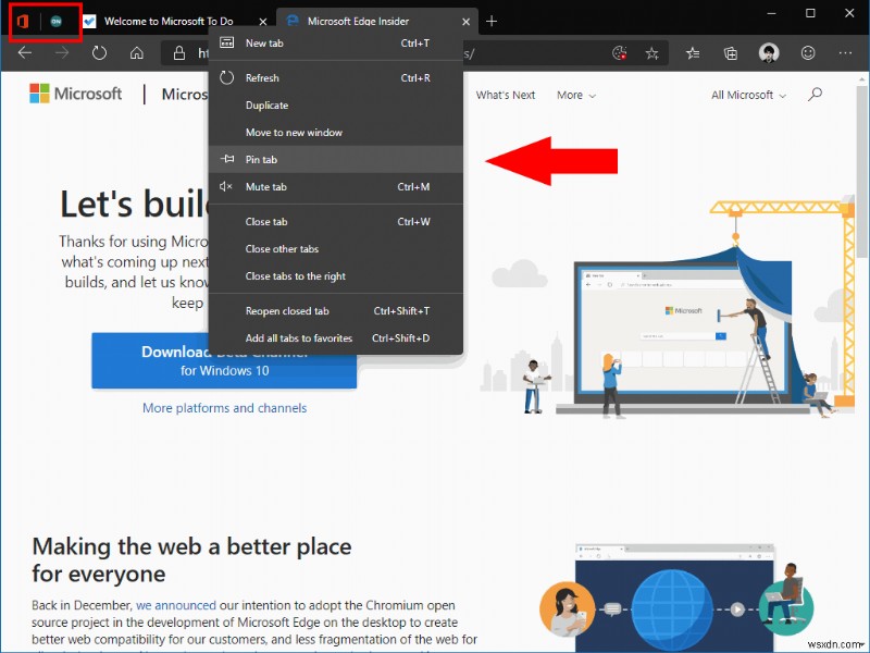 Microsoft Edge Insider에서 고정 탭을 사용하는 방법