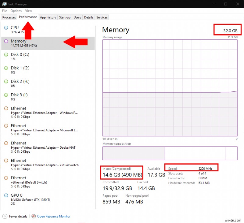 Windows 10에서 RAM의 크기와 속도를 확인하는 방법