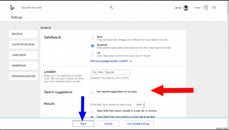 Bings 검색 제안을 비활성화하는 방법 