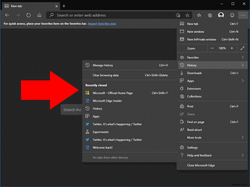 Microsoft Edge Insider에서 닫힌 탭을 다시 여는 방법