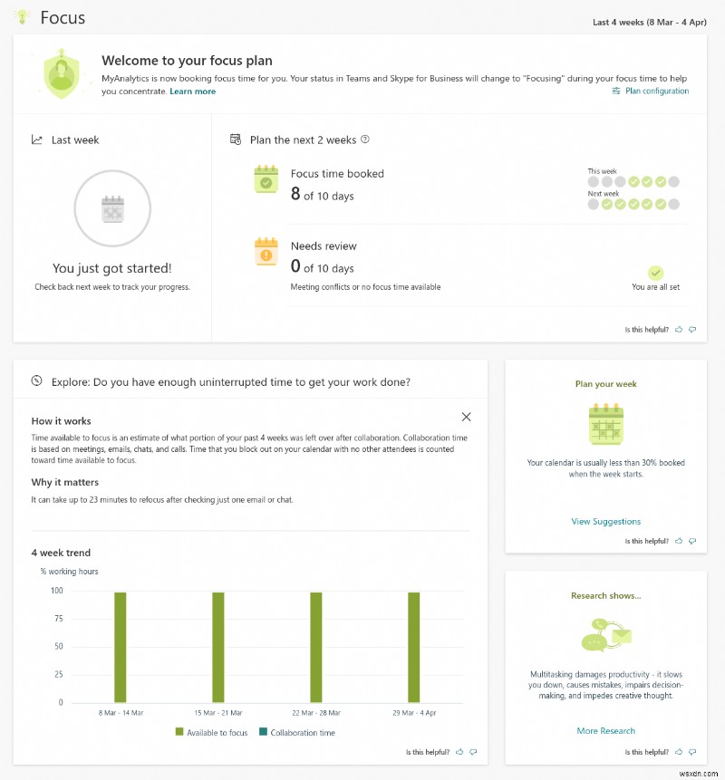 Office 365에서 MyAnalytics를 사용하여 원격으로 작업할 때 시간을 더 잘 관리하는 방법