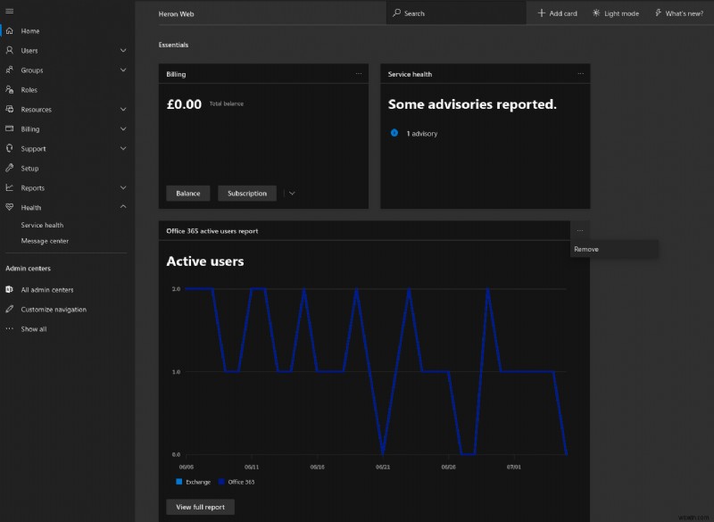 Office 365 관리 센터 홈 화면을 사용하고 사용자 지정하는 방법