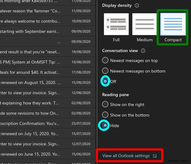 Outlook 웹 앱에서 받은 편지함 레이아웃을 더 작게 만드는 방법