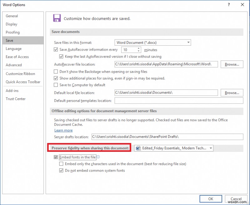 Microsoft Word 문서에 글꼴 포함